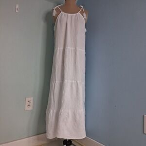4our Dreamers White Gauze Tiered Maxi Dress Halter Tassel Tie Shoulder L